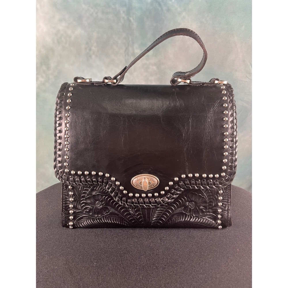 American West Black Hand Tooled Leather Studded Floral Top Handle Handbag Bag